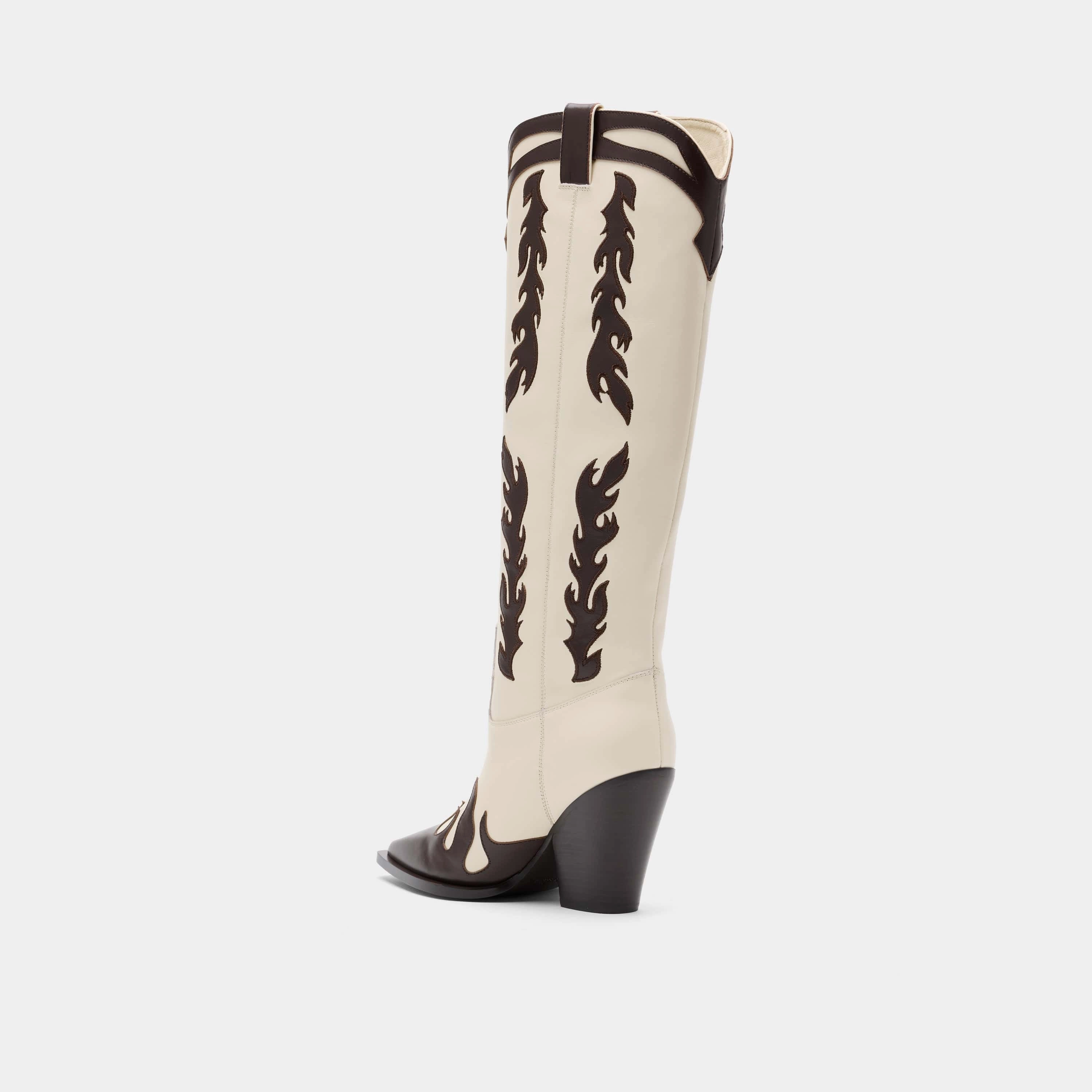 Belle Cream Flame Leather Knee High Boots Ravine Suede Cuffed Knee High Open Toe Boots