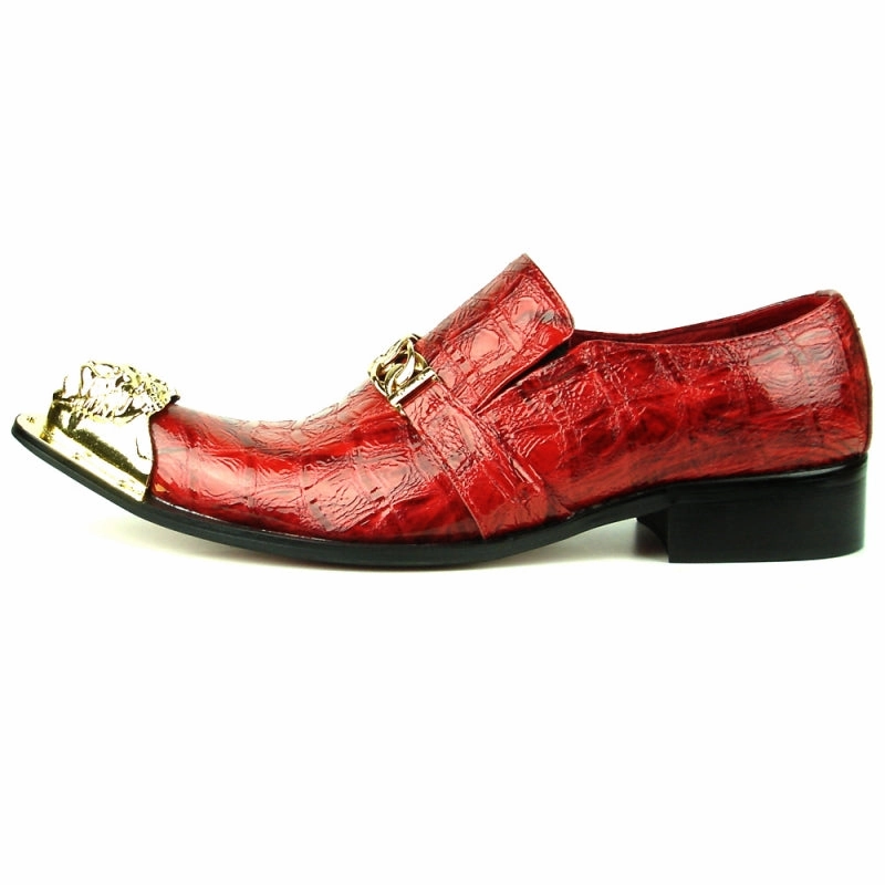 Casual Shoes For Daily Use Fiesso Red Croco Print Patent Leather Pointed Metal Toe Shoes FI 7513