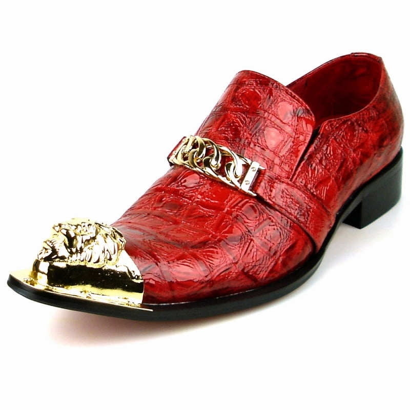 Fiesso Red Croco Print Patent Leather Pointed Metal Toe Shoes FI 7513 Rock Casual Shoes