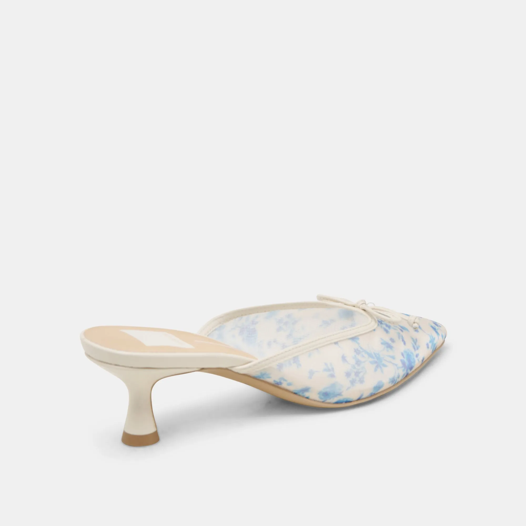 White Open Toe CLEO HEELS BLUE FLORAL MESH