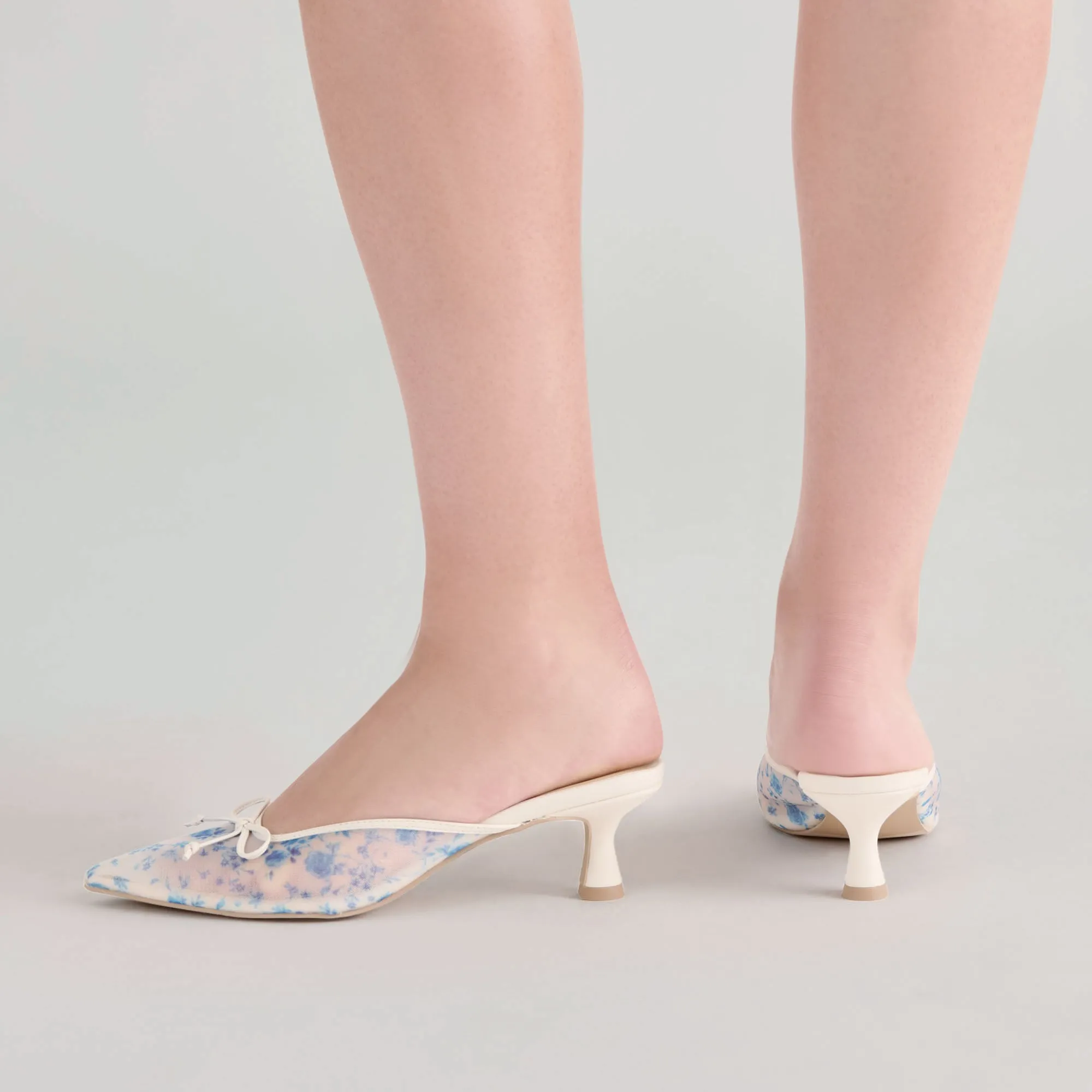 High Heel Knee High Leather Boots CLEO HEELS BLUE FLORAL MESH