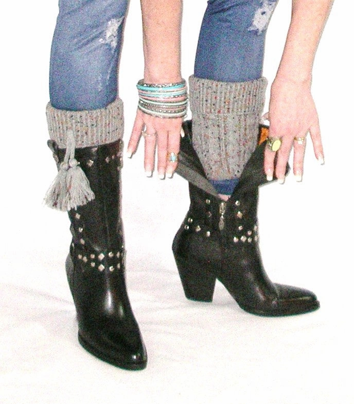 Boot Cuffs With Tassels Confetti Gray Boho Cuffed Cable Knit Multi Color Speckles One Size Combat Lug Sole Lace Up Boots