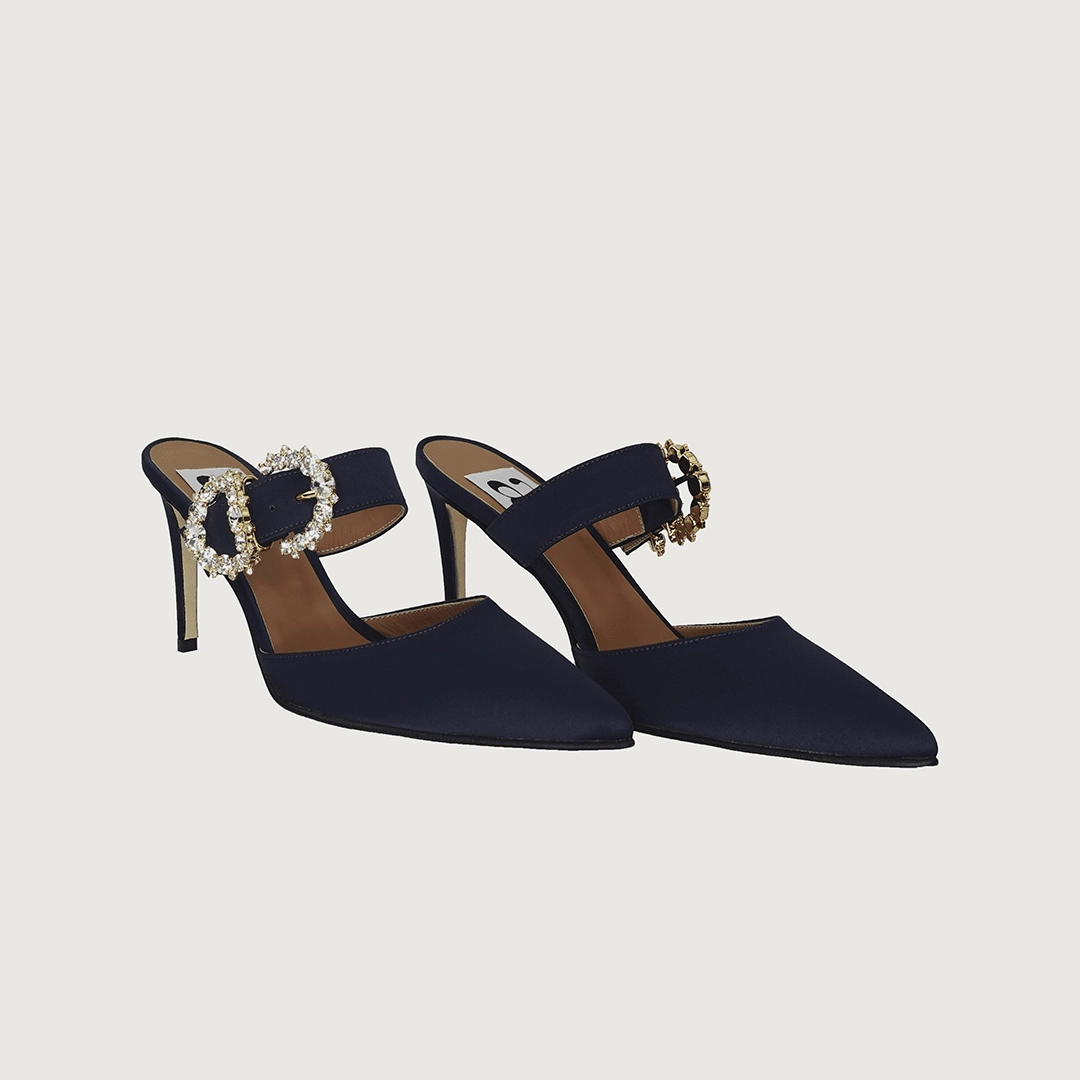 High Heels With Bow On Front Iside Navy Satin Jewel