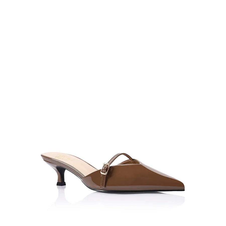 High Heel Canvas Shoes Lunar Point Toe Kitten Heels - Cocoa Brown Patent