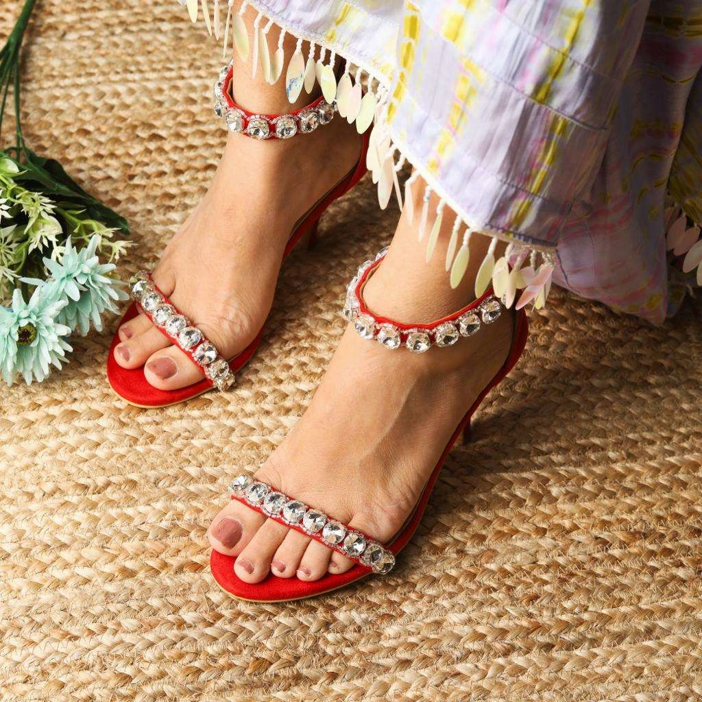 Kash (white and silver stones and pearl, red suede high heels ankle strap) Casual Shoes Women's