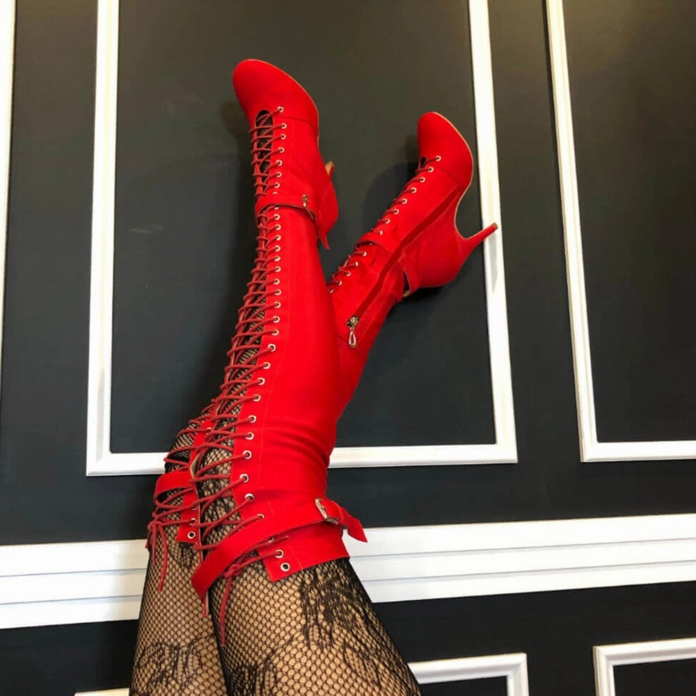 Knee High Boots 14 Inch Shaft Leilani - Closed Toe Lace Up Over The Knee High Heel Dance Boots (Street Sole)