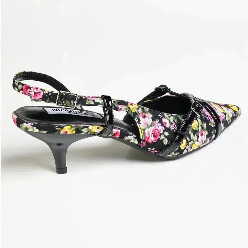 Madison Maddie Kitten Heel - Floral Black Rhinestone High Heel Sandals