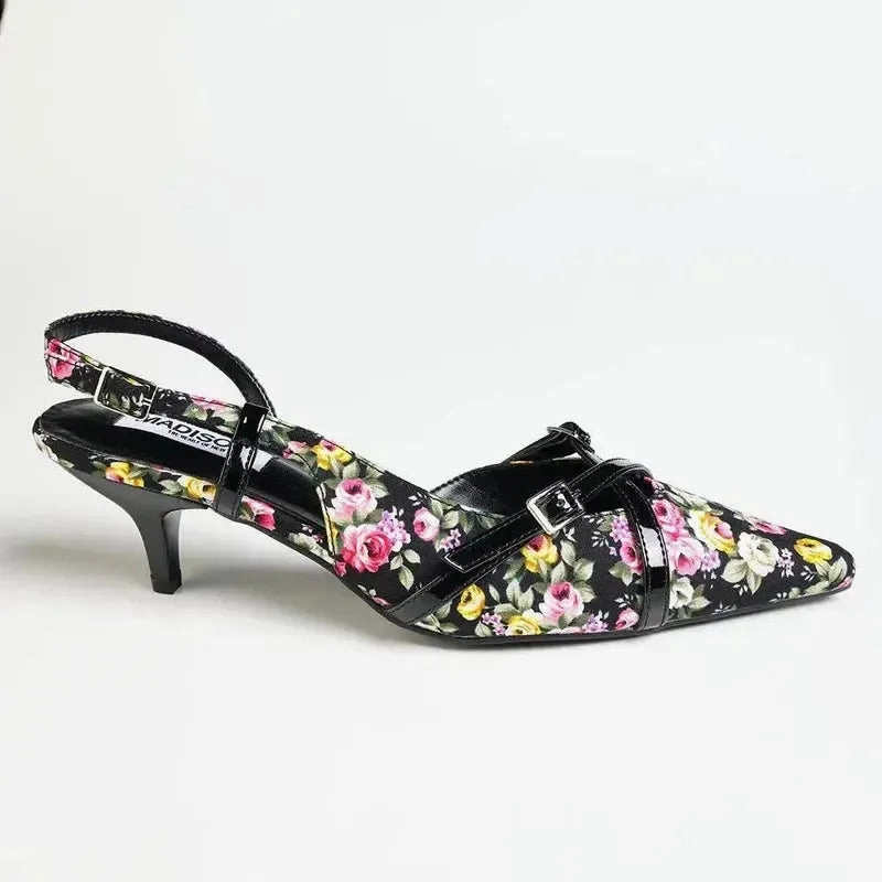 Madison Maddie Kitten Heel - Floral Black Stiletto High Heel Shoes