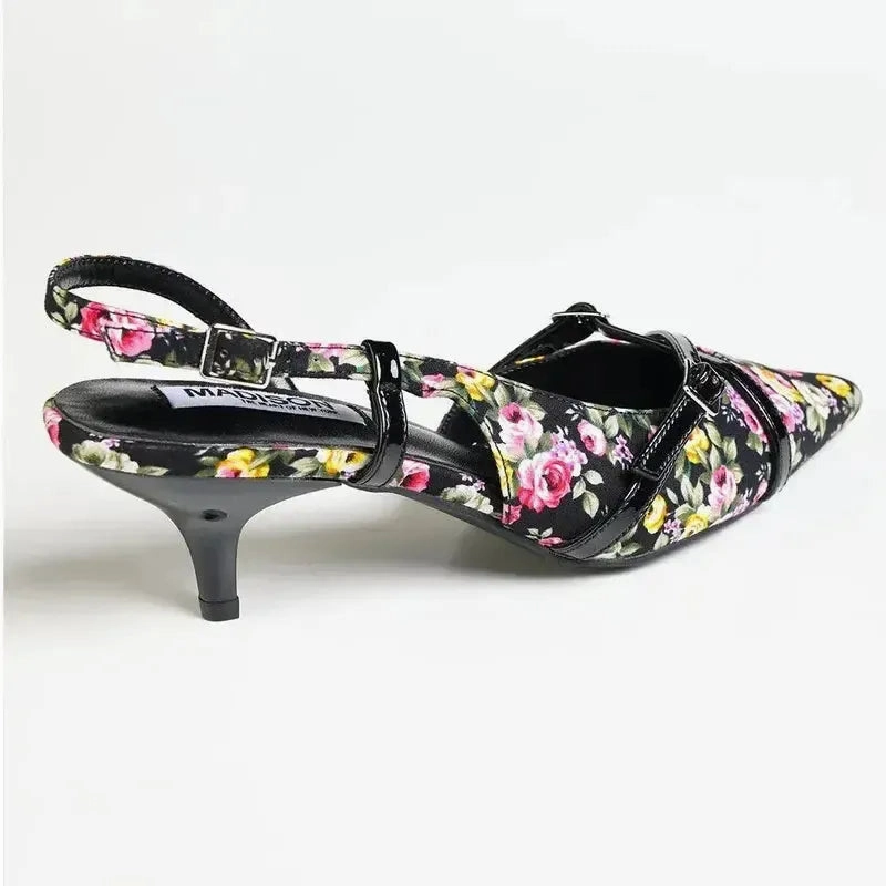 Madison Maddie Kitten Heel - Floral Black High Heel Shoes With Fish In Them