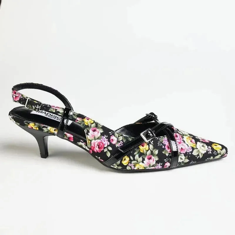 Madison Maddie Kitten Heel - Floral Black High Heels In Italian