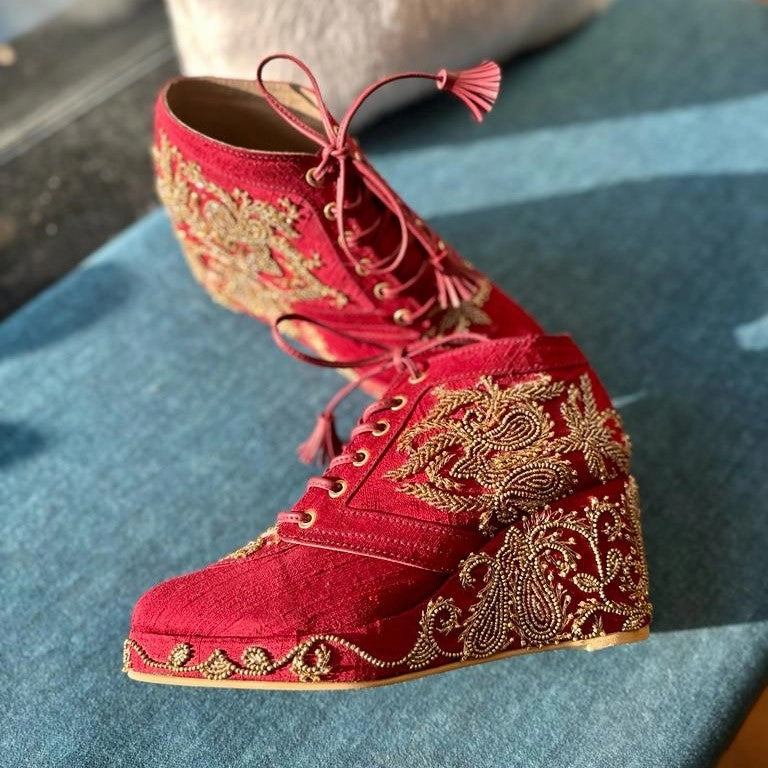 Neat Casual Shoes Maroon Bridal Sneaker Wedges with Gold Embroidery - Customised Wedding Shoes