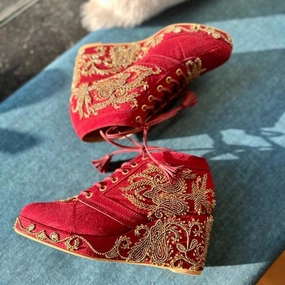 Hip Casual Shoes Maroon Bridal Sneaker Wedges with Gold Embroidery - Customised Wedding Shoes