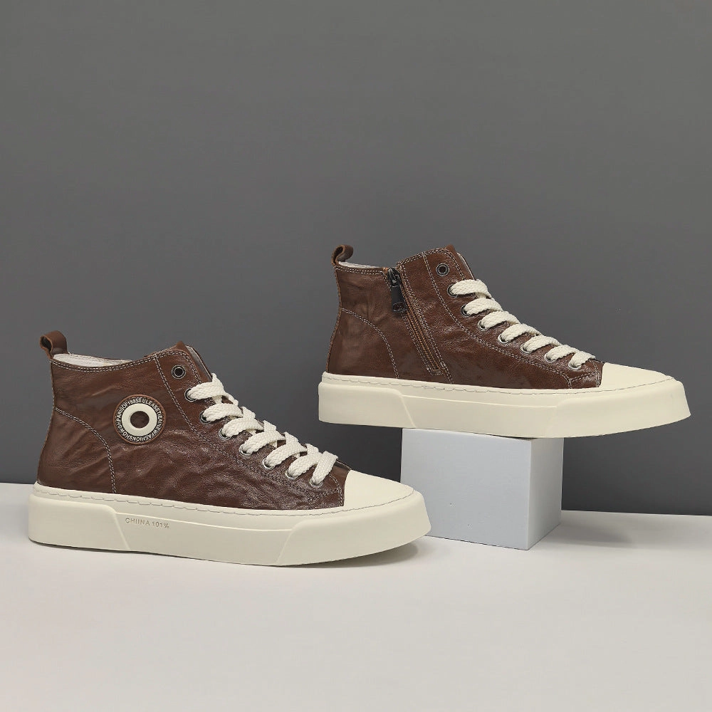 Men Fashion Leather Flat High Top Casual Sneakers Sugar Shoes Flats