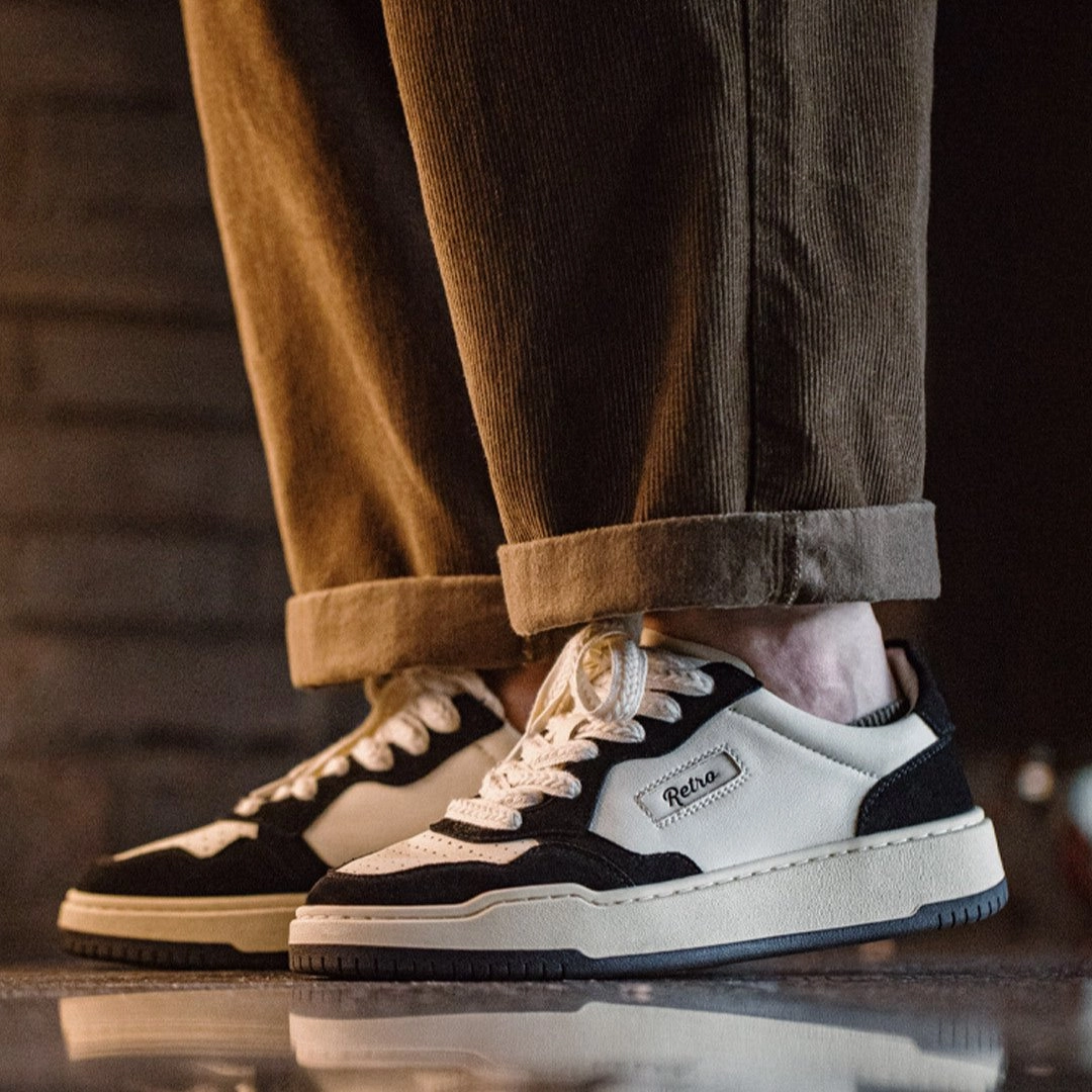 Men Fashion Patchwork Leather Flat Court Sneakers Flat Shoes Make My Feet Hurt