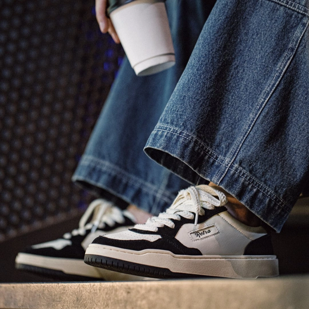 Men Fashion Patchwork Leather Flat Court Sneakers Flat Canvas Shoes