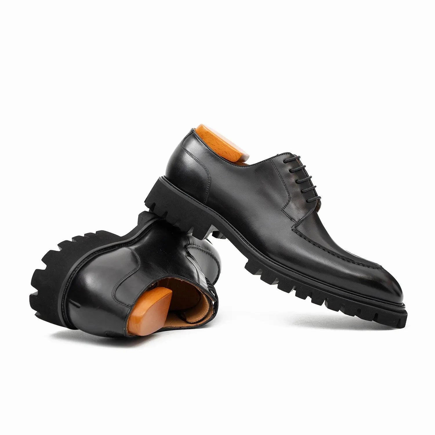 Business Casual With Boat Shoes Men's Classic Black Derby Leather Shoes with Lug Sole