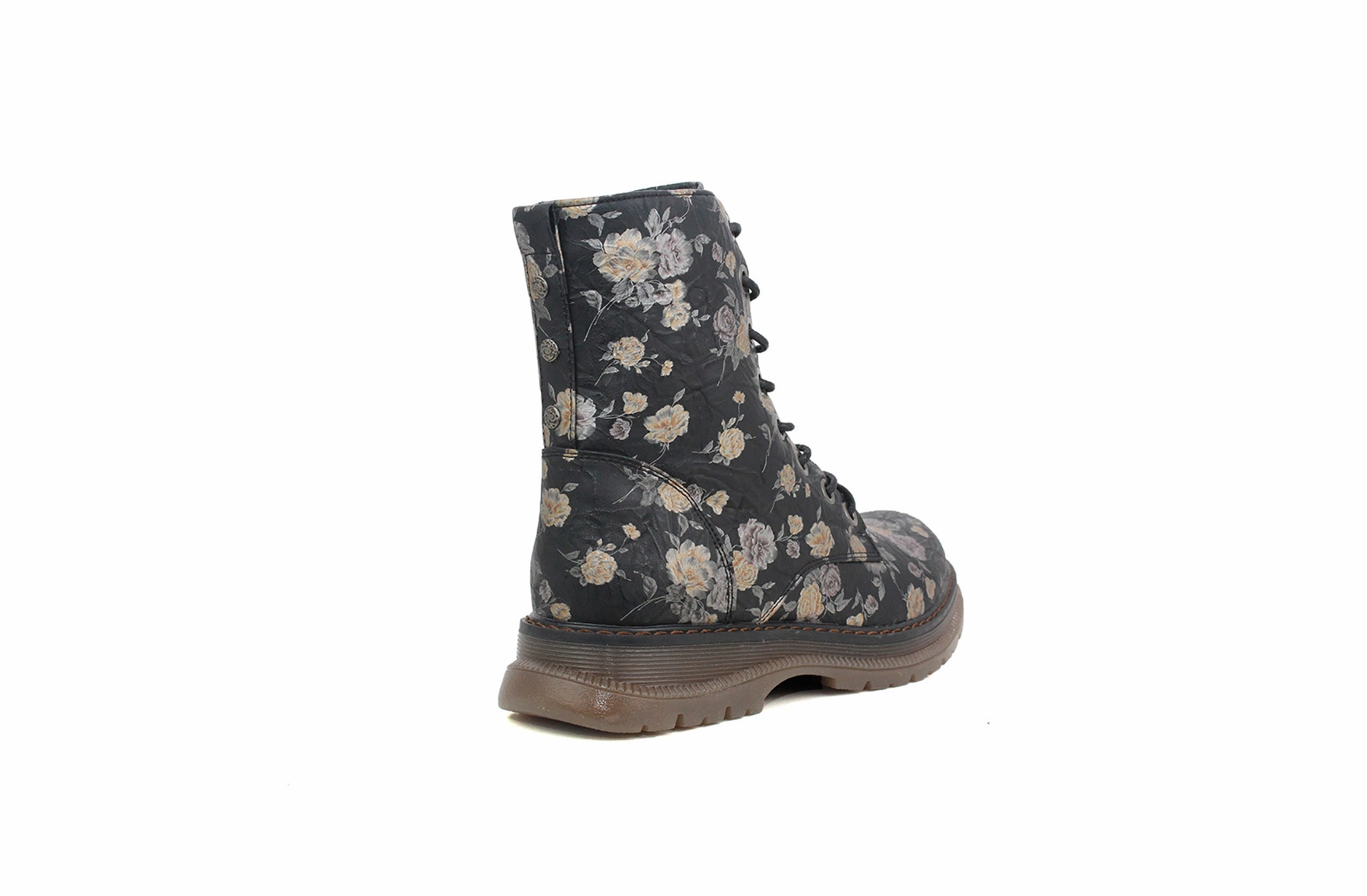 Womens Metallic Floral Black Combat Boots Ladies High Top Lace Up Side Zip Military Style Boots 1943 Combat Service Boots