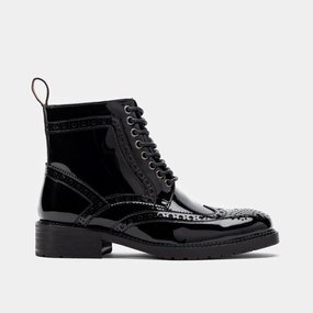 Sleek Combat Boots Ms. Belmont Black Patent Leather Wingtip Boots