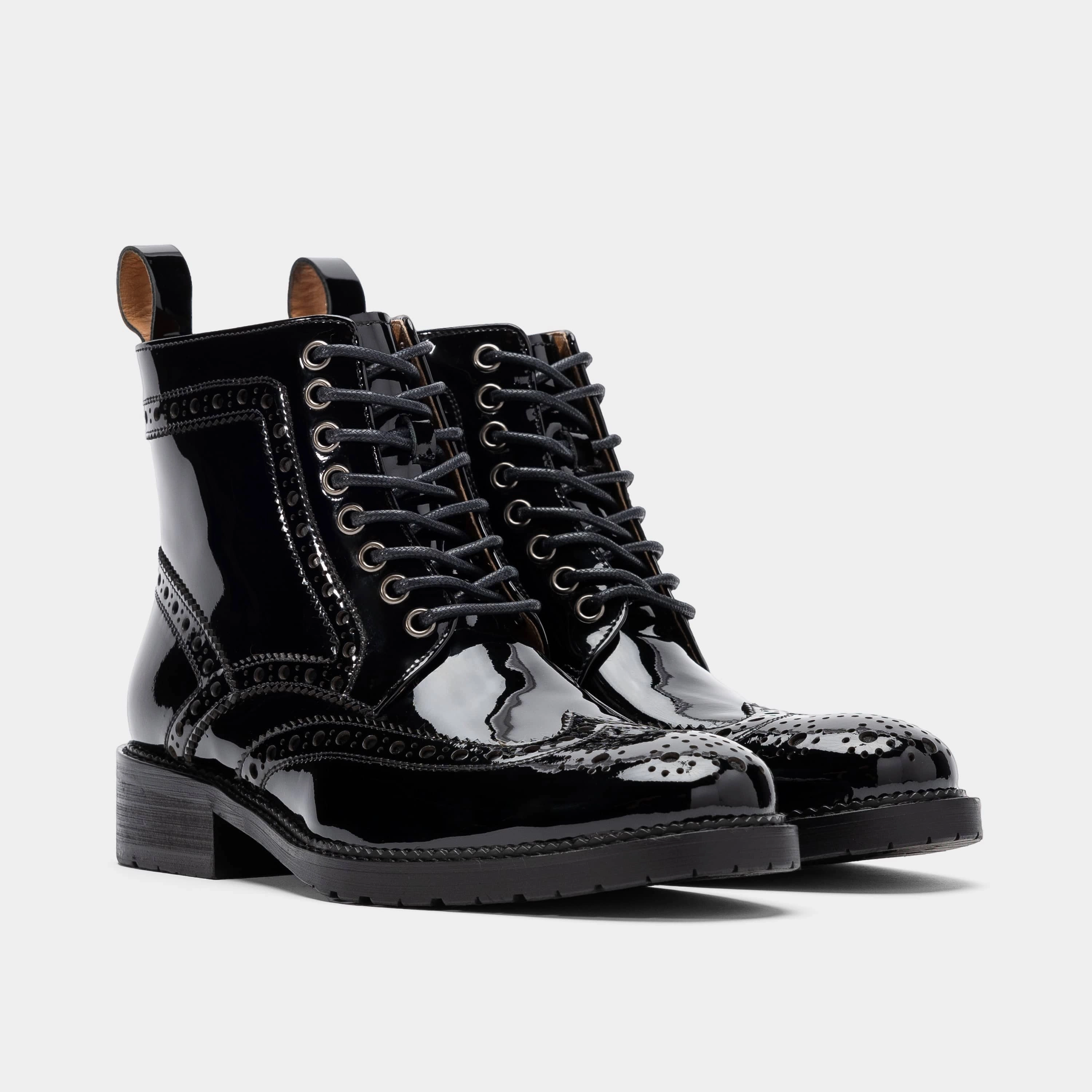 Twinset Combat Boots Ms. Belmont Black Patent Leather Wingtip Boots