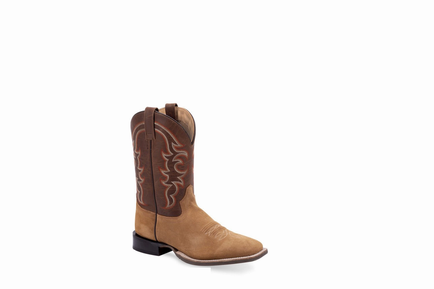 Old West Mens Broad Square Toe Brown/Tan Leather Cowboy Boots 8.5 EE Boots With Low Heels