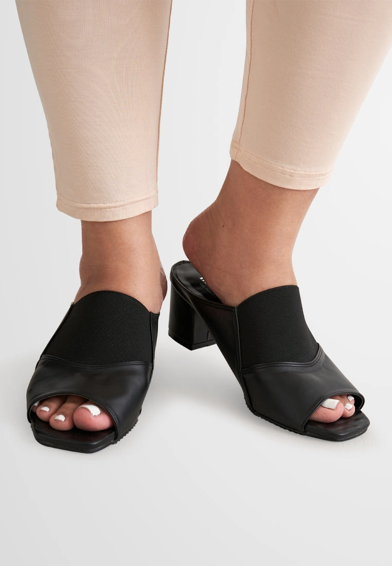 High Heel Cushion Pippa Stretchable Peep Toe Mule Heels - Black