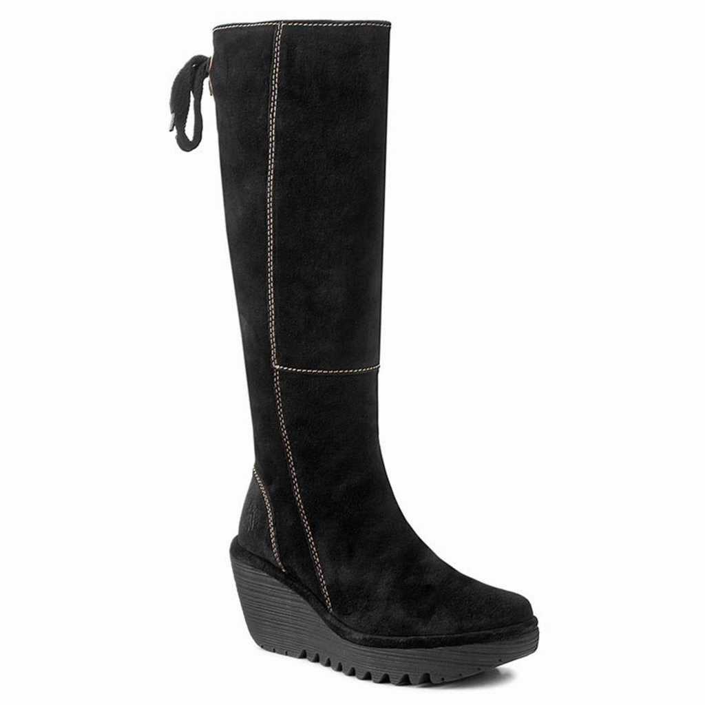 Knee High Mid Heel Boots Fly London Yust Suede Women's Wedge Heel Calf Length Boots