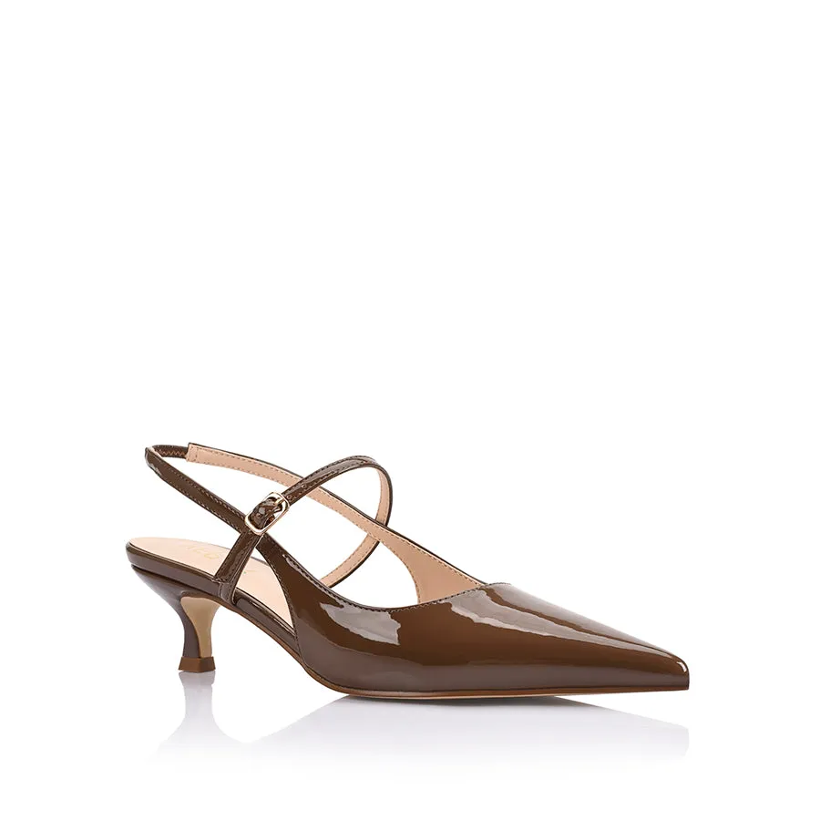 Luce Slingback Kitten Heels - Cocoa Brown Patent High Heels Pretty Little Thing