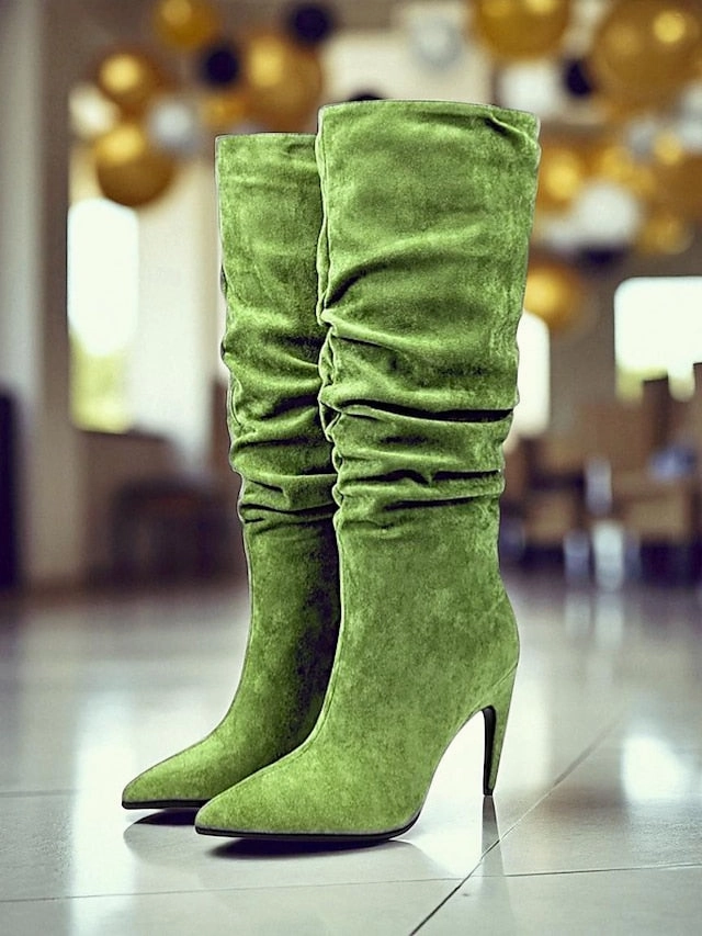 Pointed Green Women's Toe Slouch Knee - Velvet High Boots Ruffle Knee High Boots