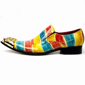 Ladies Casual Golf Shoes Fiesso Multi Color Print Leather Pointed Toe Metal Tip Shoes FI 7433