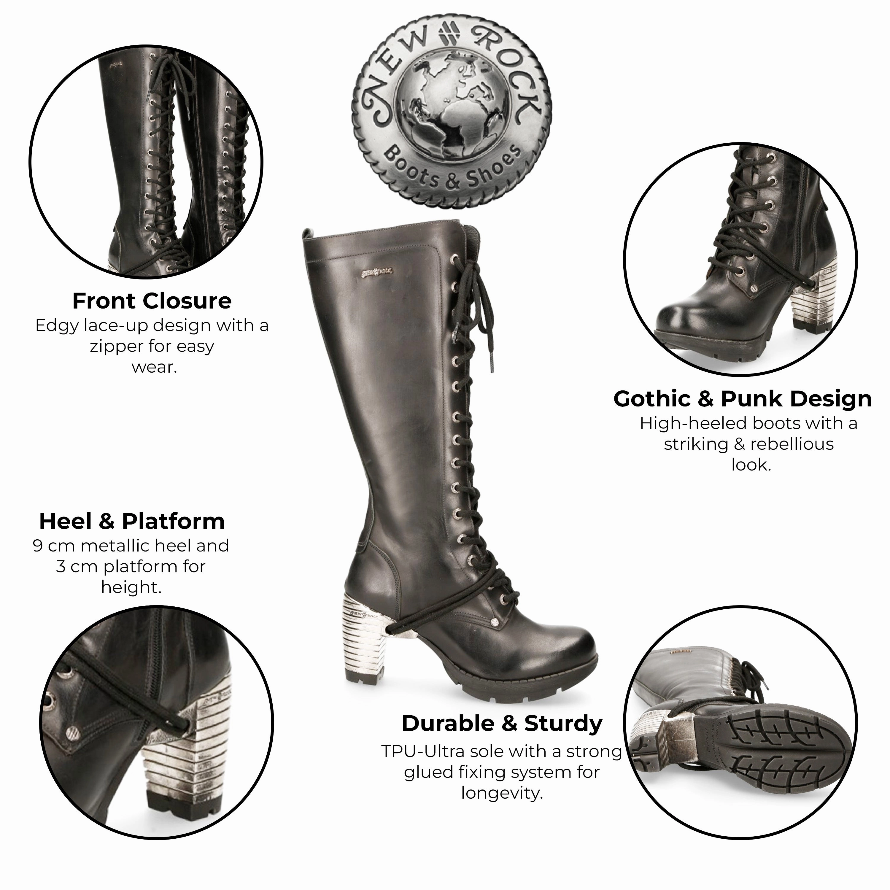 Knee High Silver Boots New Rock M-TR005-S1 Ladies Knee High Black Gothic High-Heeled Boots