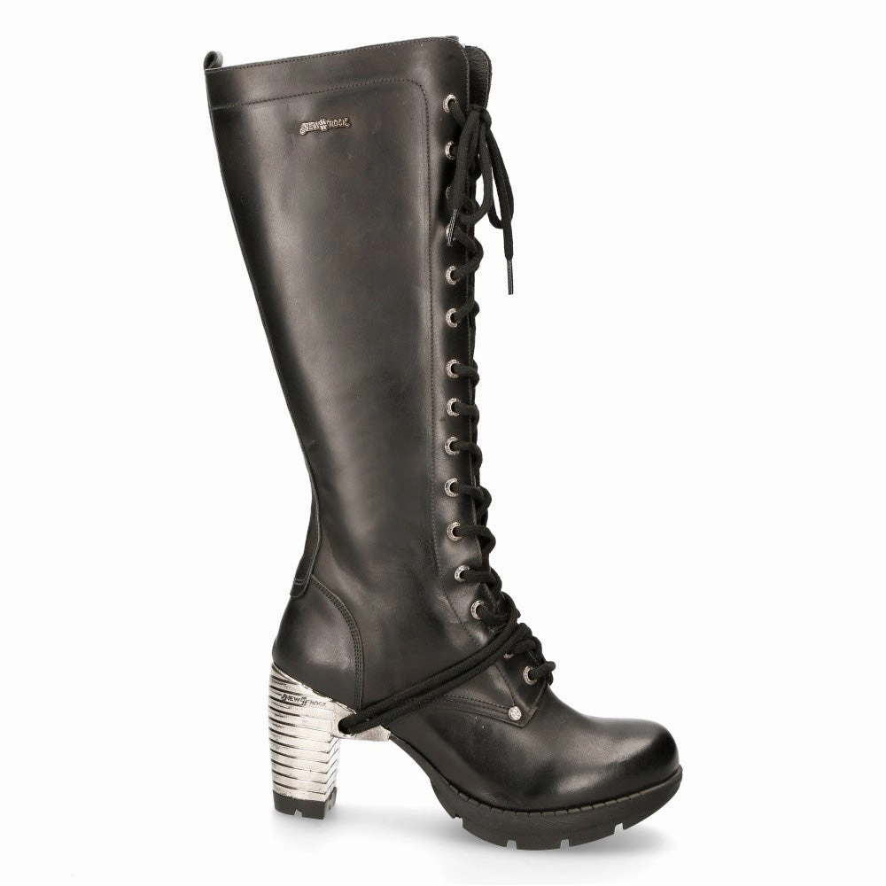 New Rock M-TR005-S1 Ladies Knee High Black Gothic High-Heeled Boots Knee High High Heel Combat Boots