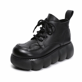 Women's Soft Leather Chunky Platform Ankle Boots Combat Boots And Parka