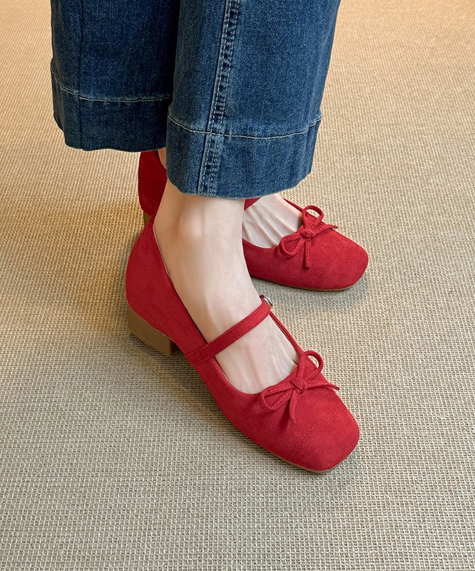 Suede Shoes Red Chunky Splicing New Buckle Bow Strap Best Shoe For Casual Runner