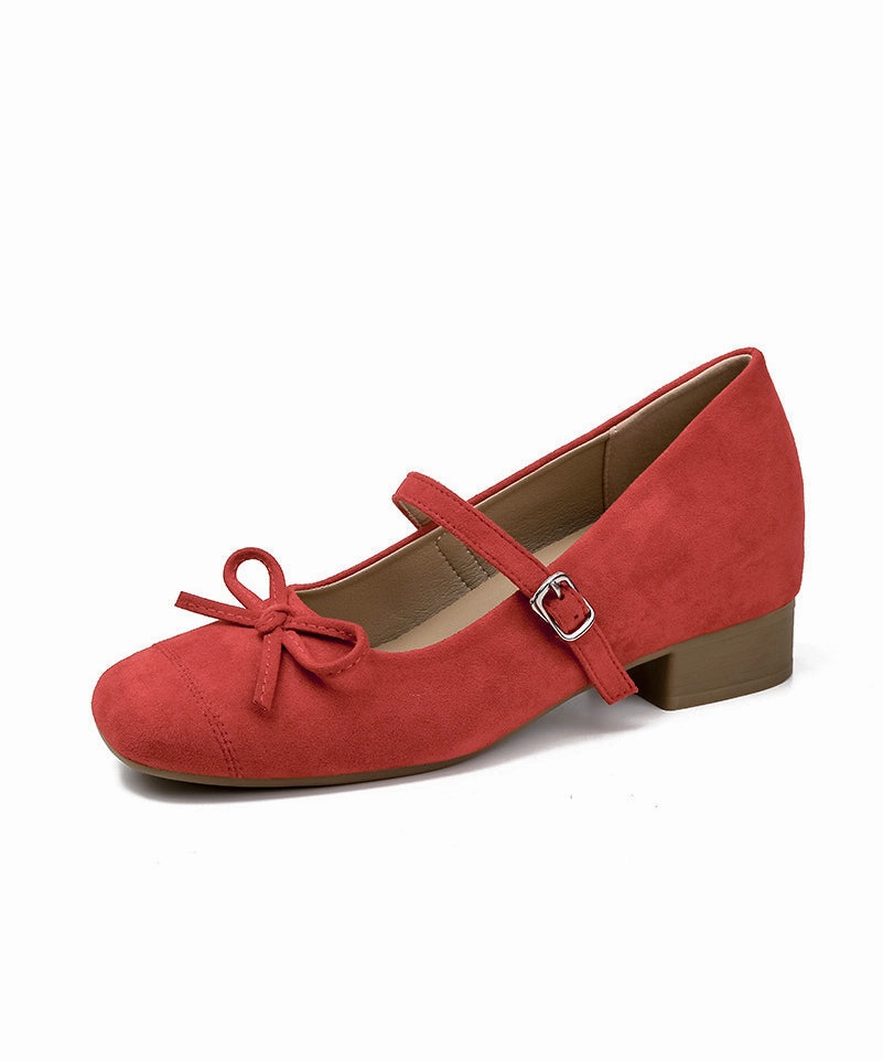 Fall Casual Shoe Trends 2024 Suede Shoes Red Chunky Splicing New Buckle Bow Strap
