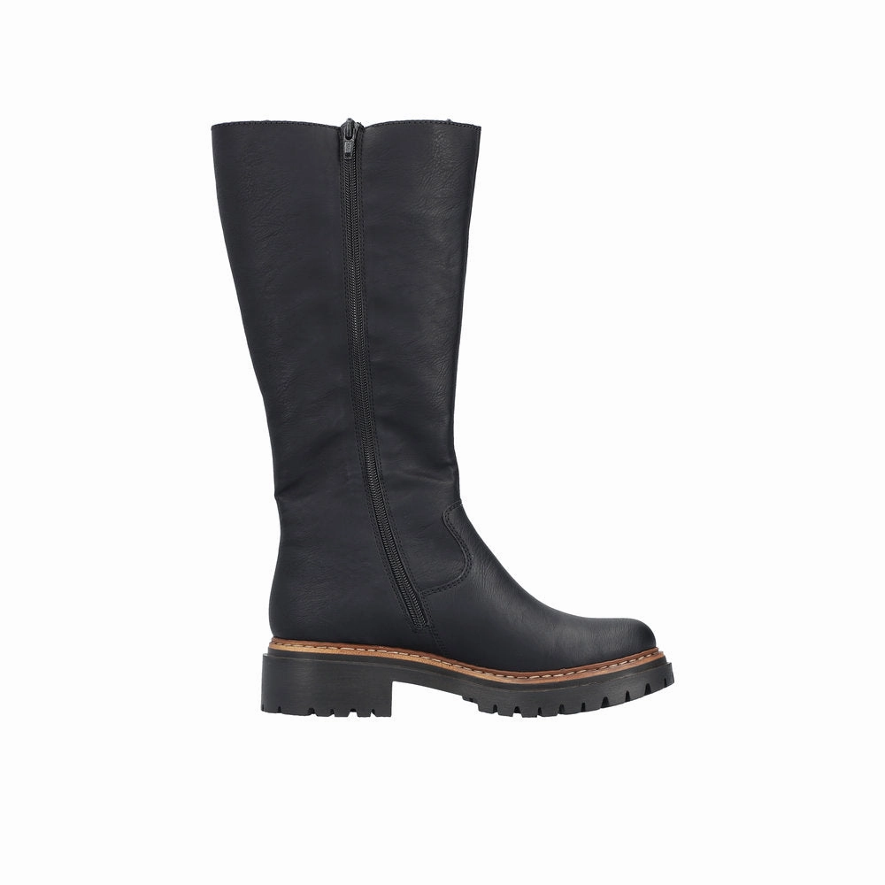 Rieker 72694-00 Ladies Black Side Zip Knee High Boots Square Toe Chunky Knee High Boots