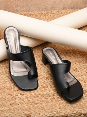 Rocia By Regal Black Women One Toe Casual Block Heel Sandals Satin High Heels