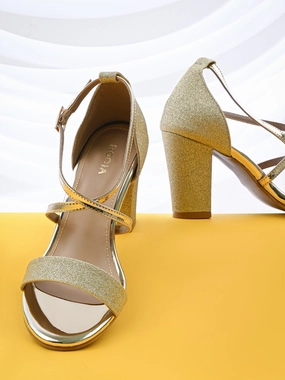 Rocia By Regal Gold Women Shimmery Ankle Strap Block Heels Rockabilly High Heels