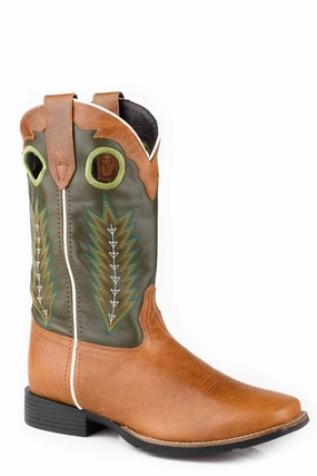 Roper Mens James Tan/Green Leather Cowboy Boots Brown Chelsea Boots