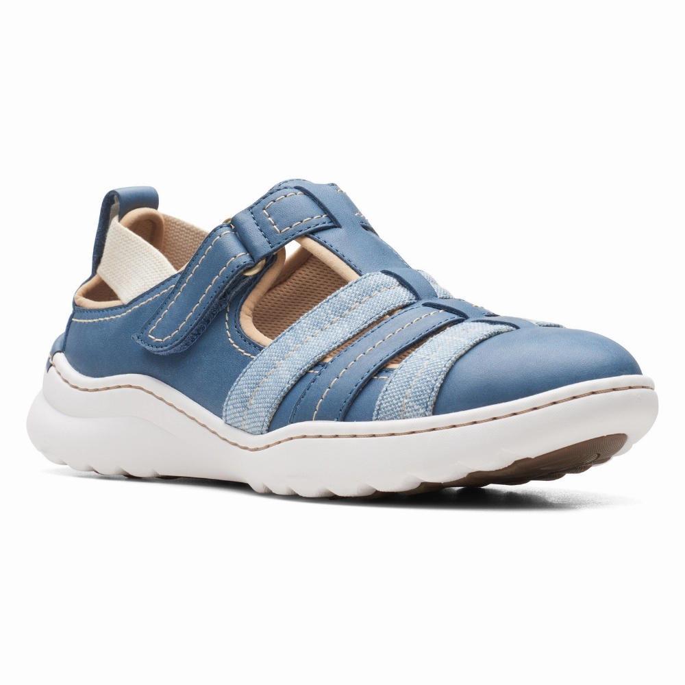 Running Shoes For Both Trail And Road Clarks Teagan Step Blue/Grey Leather Shoe (Women's)