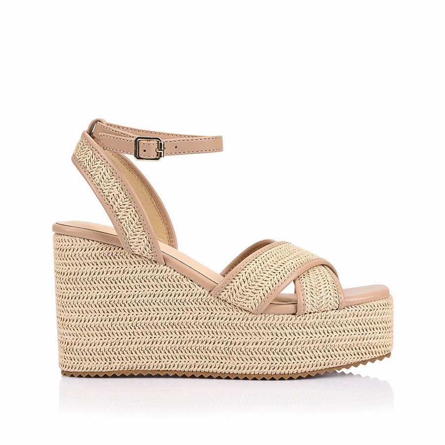 Manolo Blahnik High Heel Sandals Callipo Raffia Wedges - Beige/Raffia