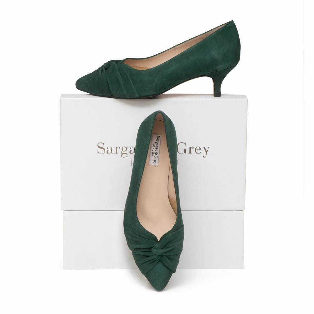 Tandi Extra-Wide Fit Kitten Heels - Dark Green Suede High Heel Straps