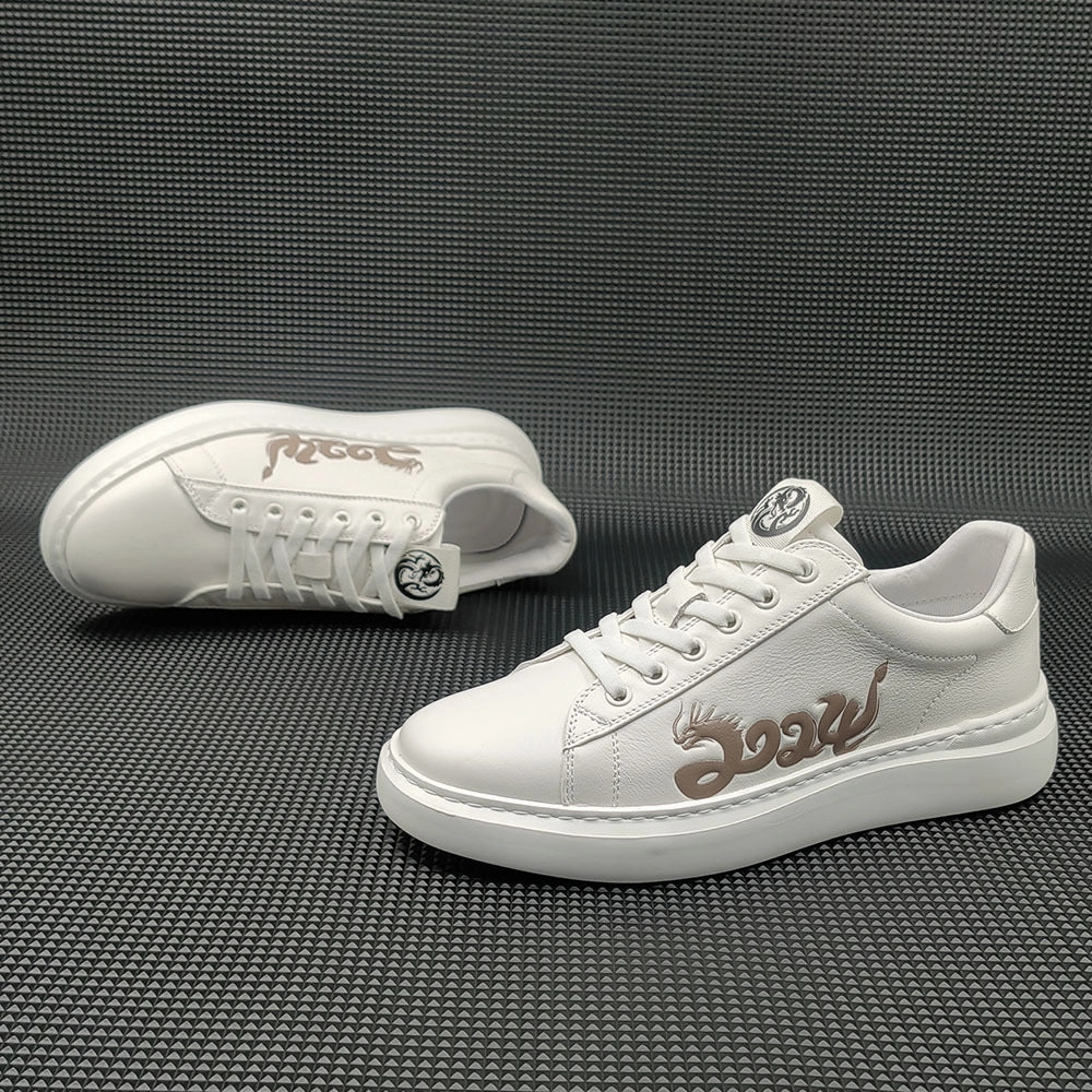 Men 2024 Fashion Leather Print Flat Casual Sneakers Flat Block Heel Shoes