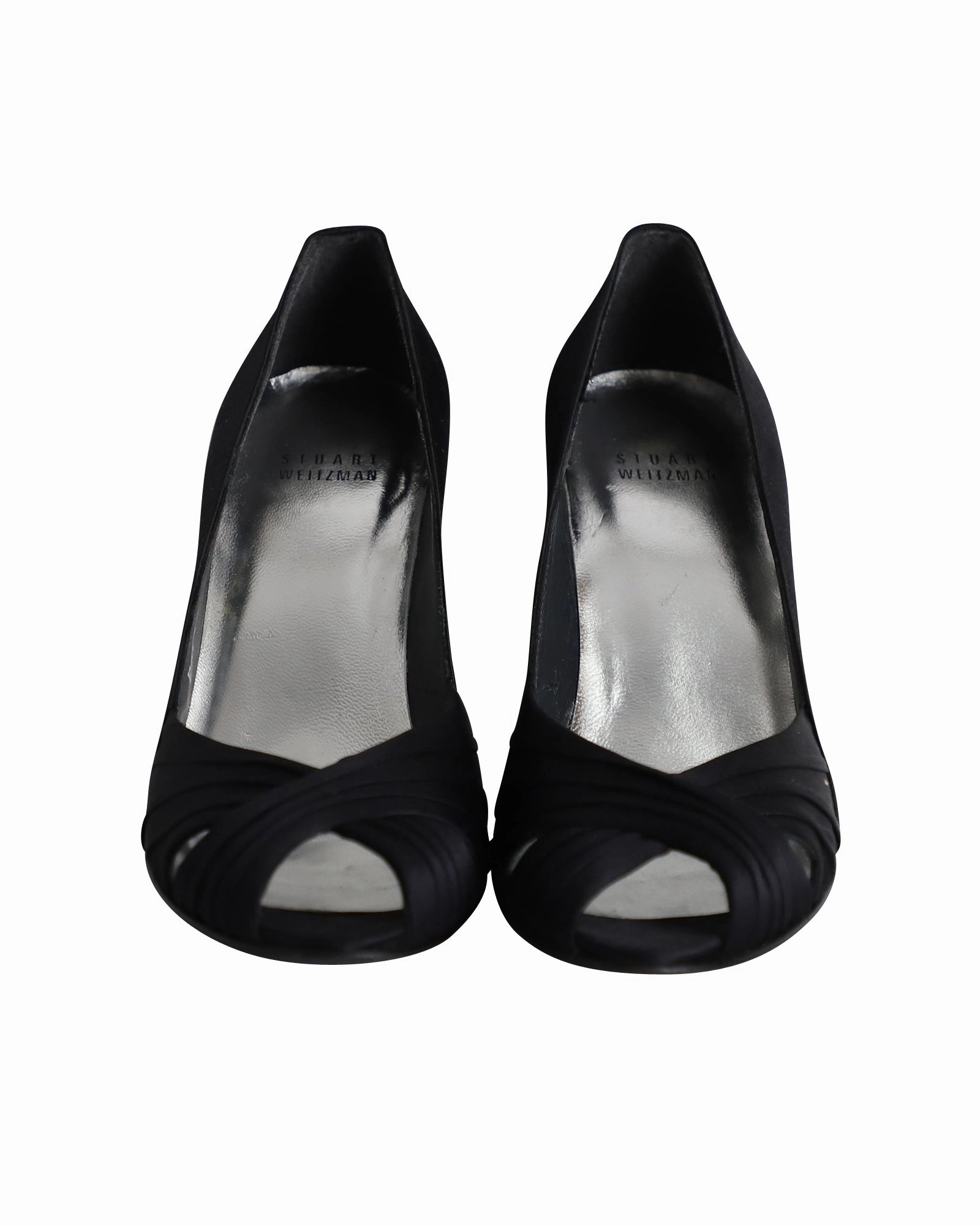 High Heels Front View Drawing Stuart Weitzman Peep Toe Pumps in Black Satin