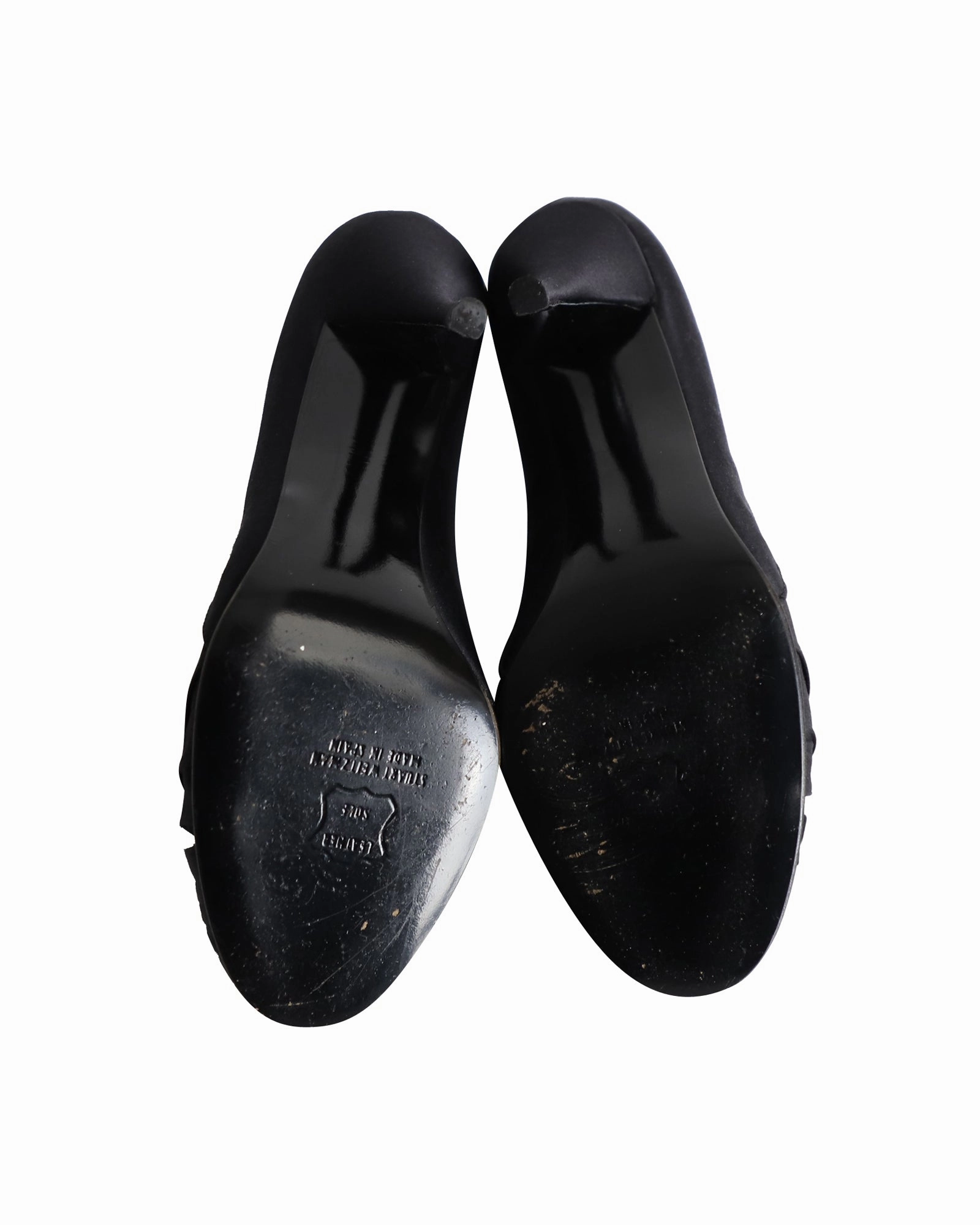 Stuart Weitzman Peep Toe Pumps in Black Satin Unique Heels