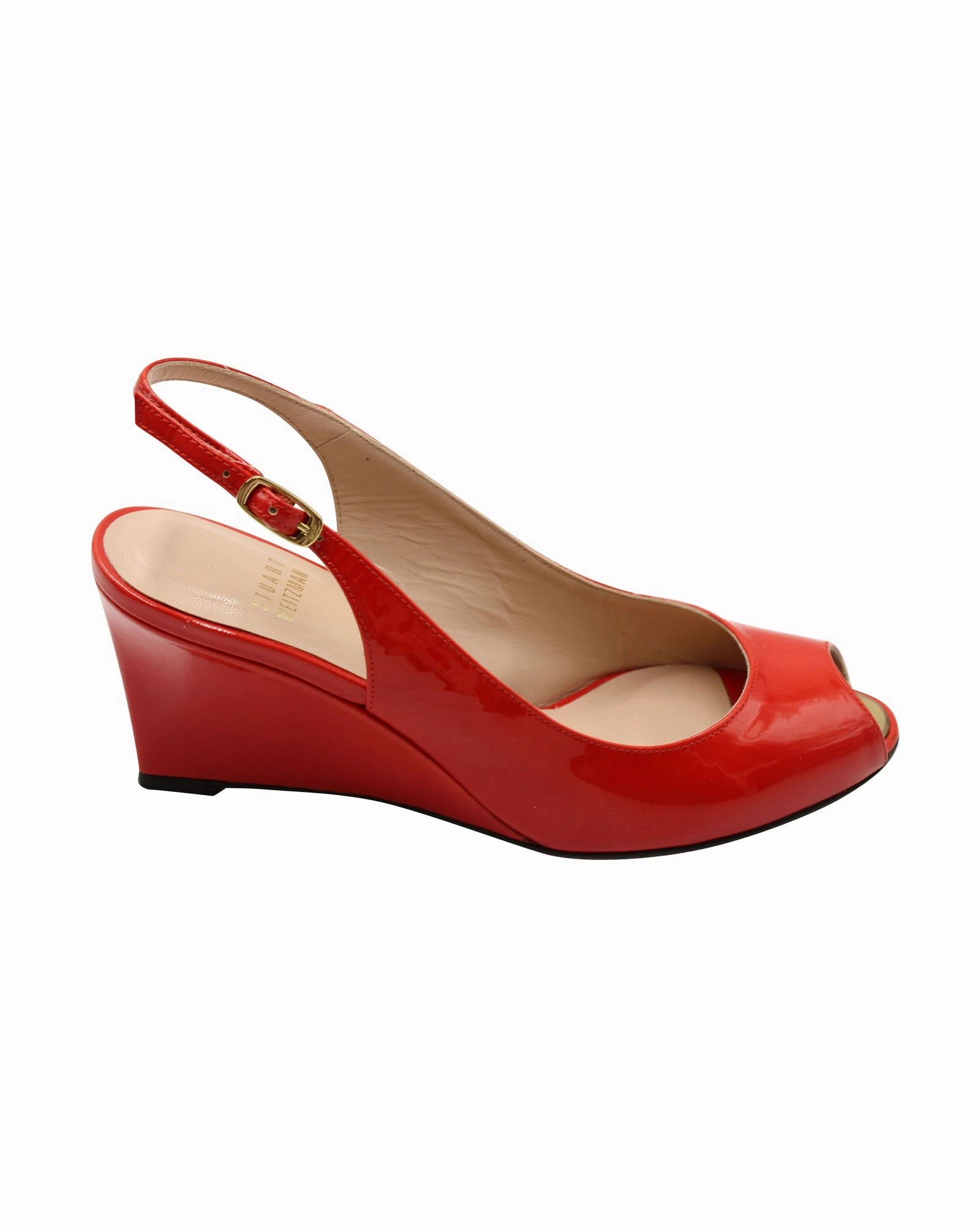 Stuart Weitzman Slingback Peep-Toe Wedge in Red Patent Leather High Heel Run