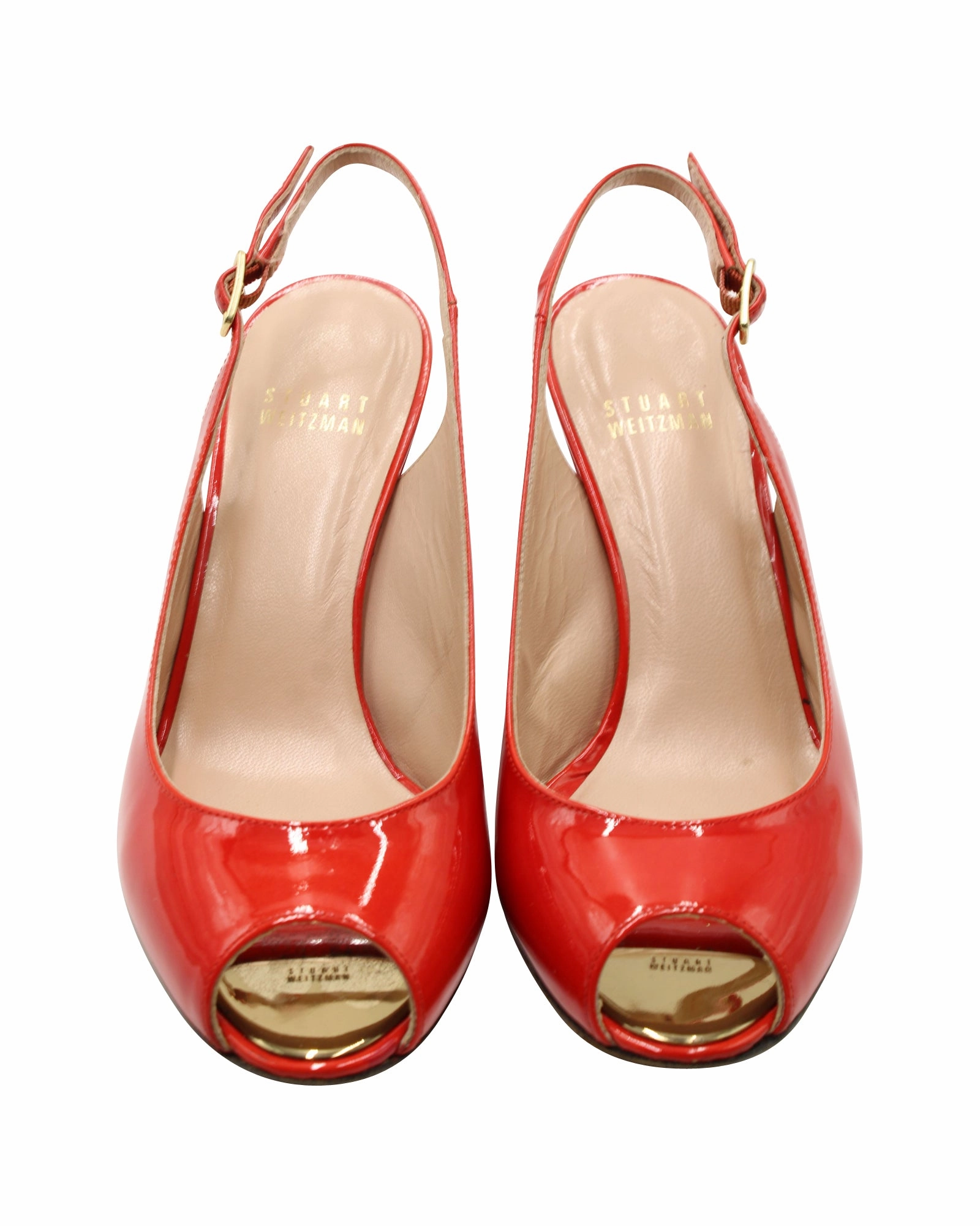 Stuart Weitzman Slingback Peep-Toe Wedge in Red Patent Leather High Heels Modern