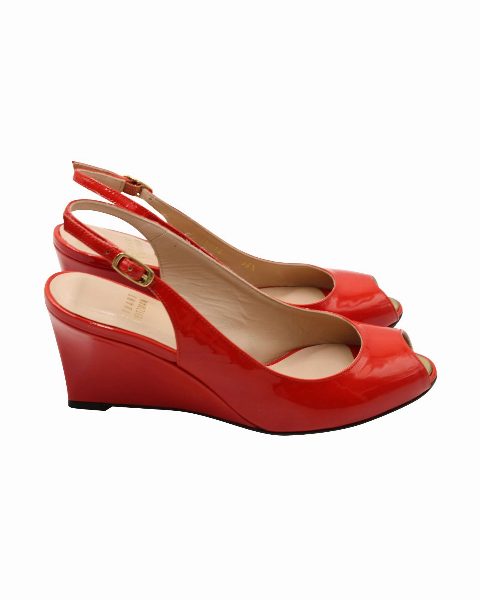 Stuart Weitzman Slingback Peep-Toe Wedge in Red Patent Leather Leather Knee Block Heel Boots
