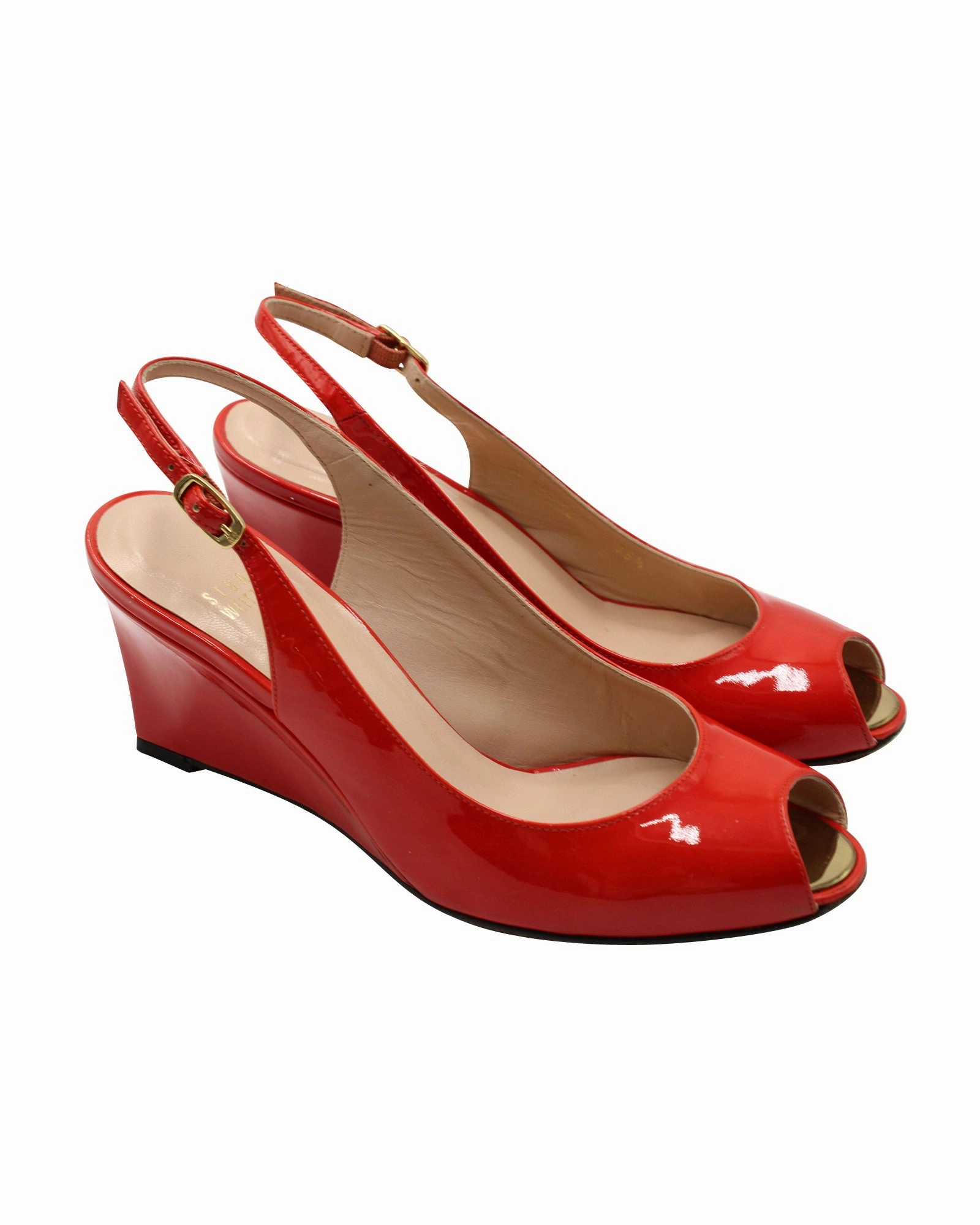 High Heel Buckle Boots Stuart Weitzman Slingback Peep-Toe Wedge in Red Patent Leather