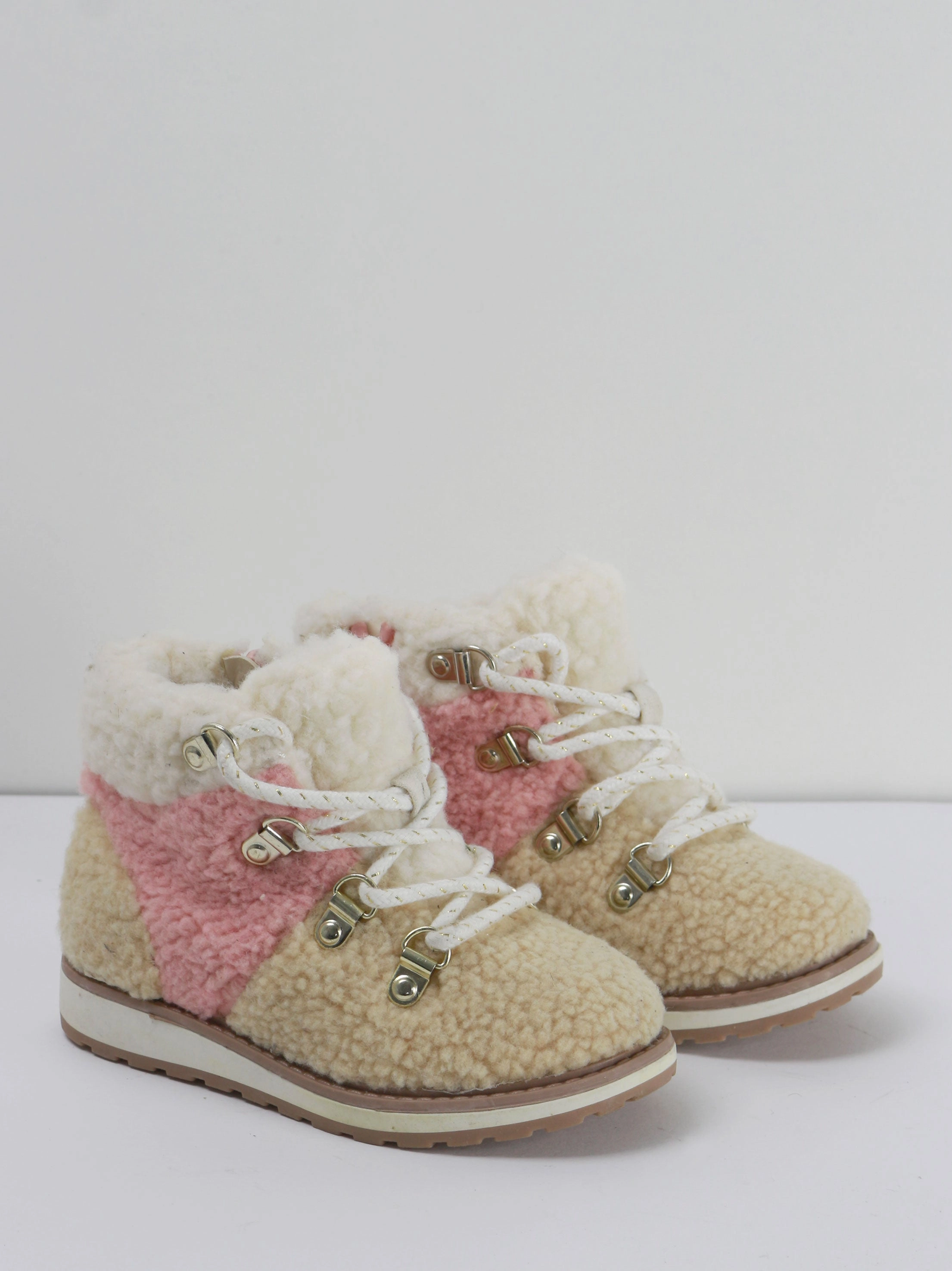 Kids Girl Lace-Up Slip-On Combat Winter Boots,Beige Brown Heeled Combat Boots