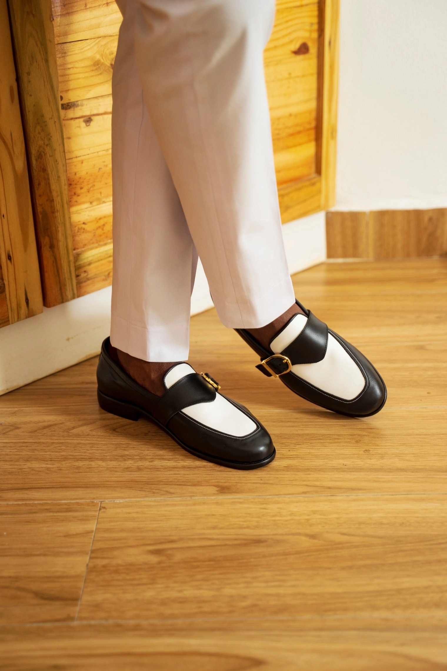 Ajadi Loafers in Black and White Leather with Black Strap Buckle Business Casual Shoes For Wide Feet